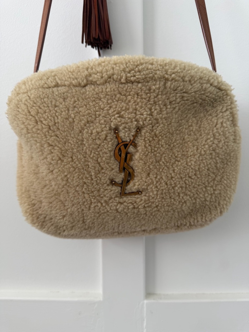 Yves Saint Laurent Beige Shearling Crossbody with Brown Leather Strap - Picture 2 of 4